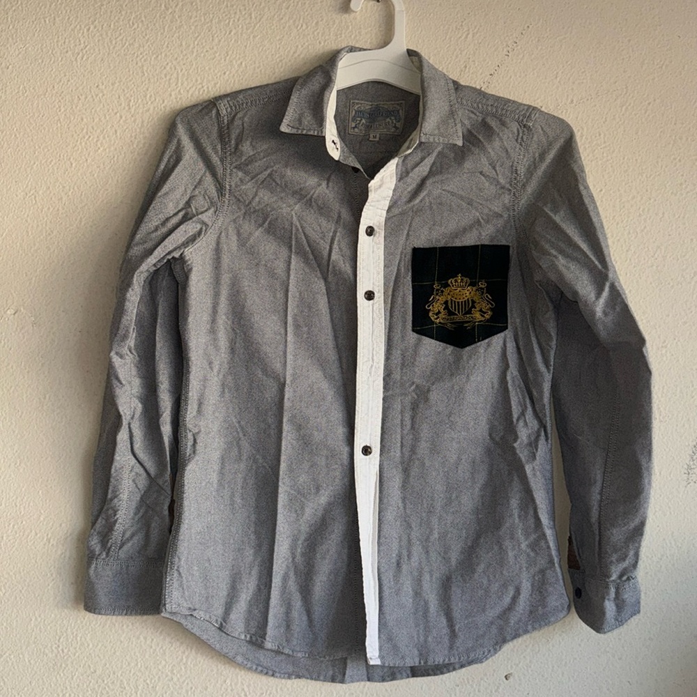 Jachs Girlfriend Grey button down shirt, with flannel pocket/corduroy details